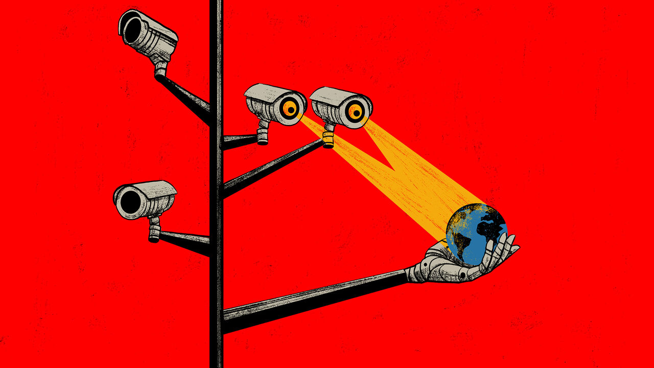Illustration of a pole with multiple surveillance cameras on it, 2 of them have eyes pointing at a globe being held by a hand coming off the same pole