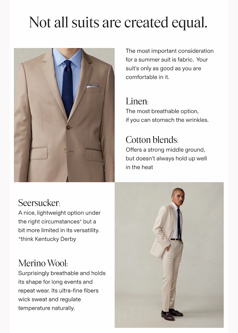 Editorial layout with two product photos and fabric comparison text. Left photo shows a close-up of a man in a khaki suit with a blue tie and white pocket square. Right photo shows a man in a full khaki suit with a navy tie, dress shirt, and brown loafers. Not all suits are created equal. The most important consideration for a summer suit is fabric. Your suit's only as good as you are comfortable in it. Linen: The most breathable option, if you can stomach the wrinkles. Cotton blends: Offers a strong middle ground, but doesn't always hold up well in the heat. Seersucker: A nice, lightweight option under the right circumstances* but a bit more limited in its versatility. *think Kentucky Derby. Merino Wool: Surprisingly breathable and holds its shape for long events and repeat wear. Its ultra-fine fibers wick sweat and regulate temperature naturally.