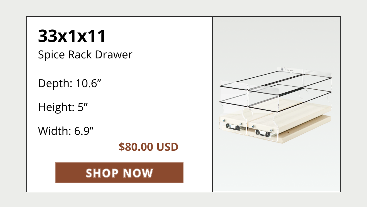 Vertical Spice 22x2x11 spice rack drawer organizer with product dimensions and price displayed.