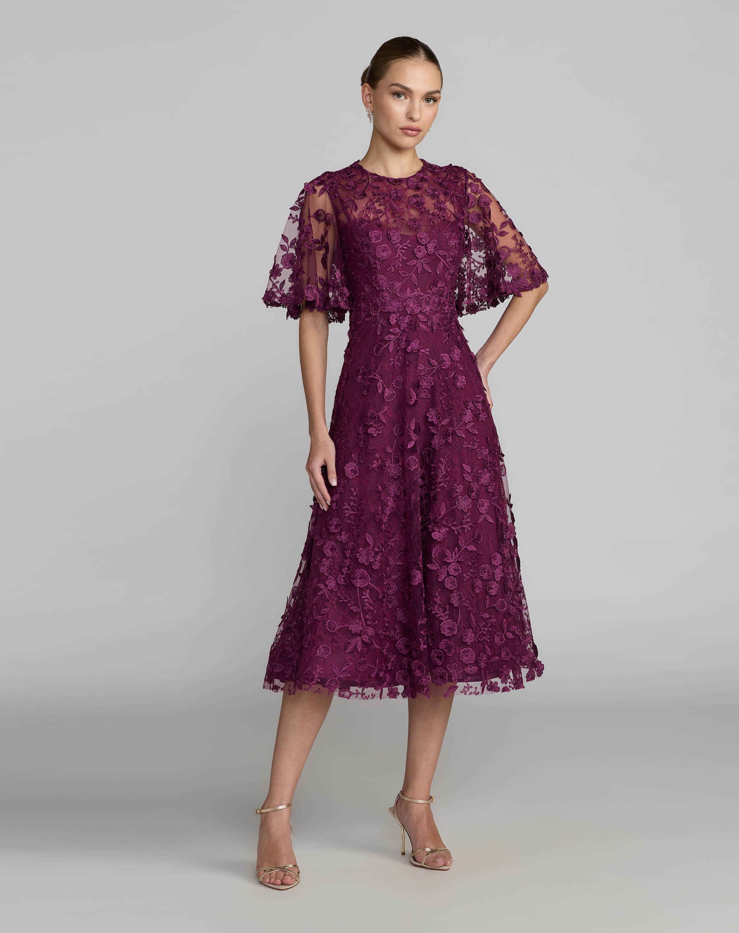 Image of Purple Flutter Sleeve Embroidered Midi Dress