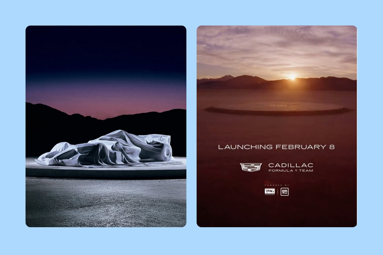 Screenshots of the Cadillac F1 Super Bowl ad teaser from Instagram on a blue background