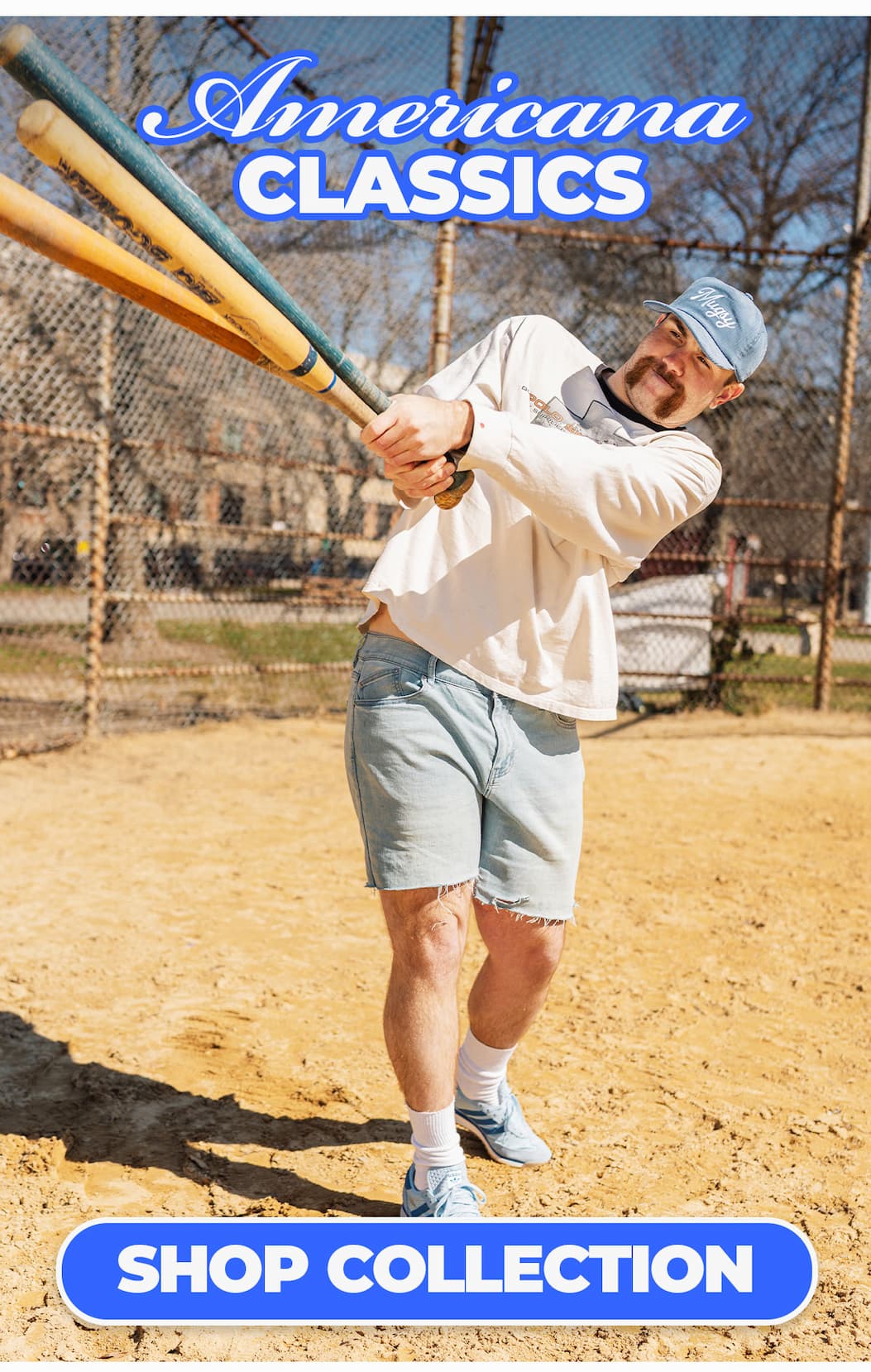 Americana Classics. Button to shop collection. [IMG of man with baseball bats swinging] Throwbacks Jorts