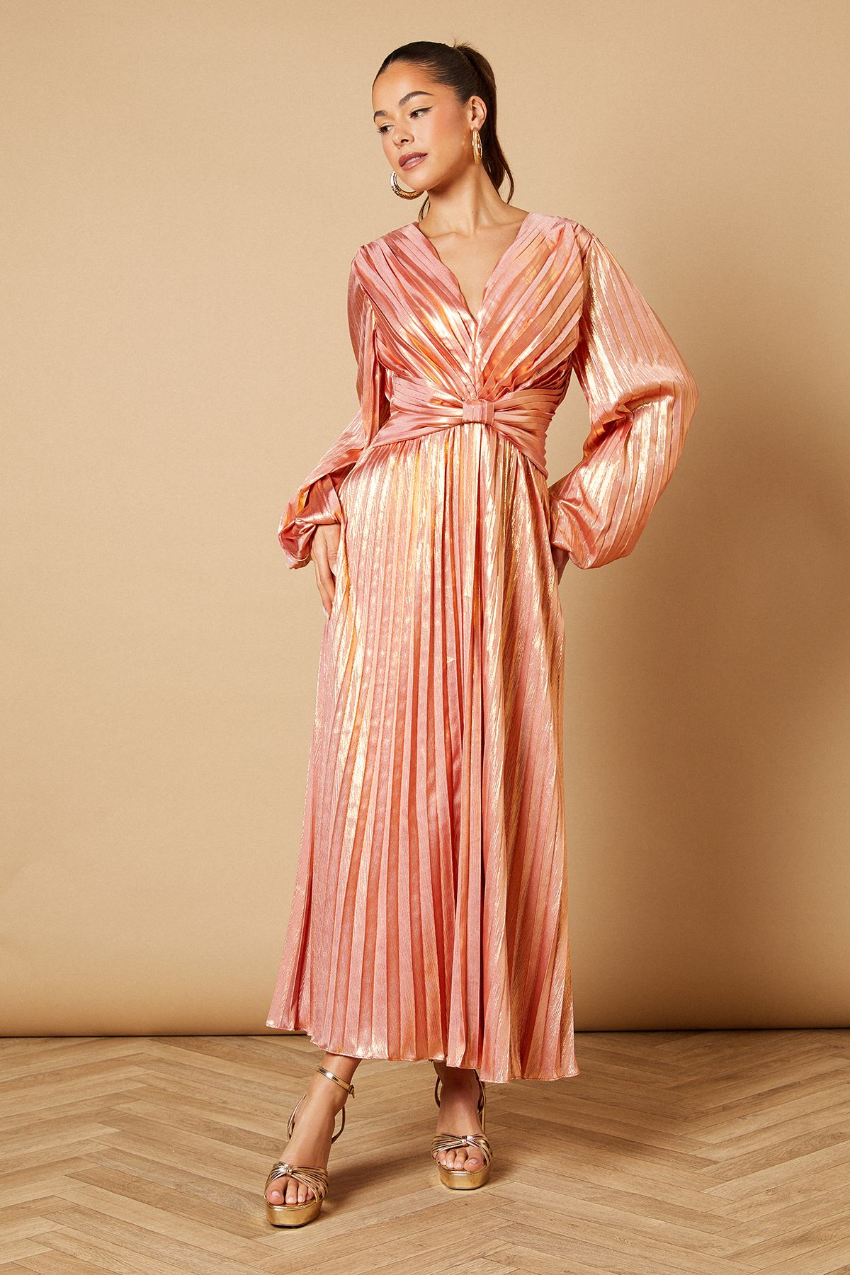 Metallic V Neck Pleated Midi Dress
