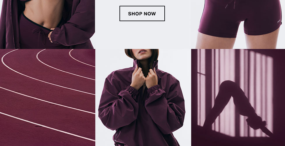 Deep plum activewear pieces like shorts and a jacket, interspersed with a running track and a yoga silhouette. 'SHOP NOW' to discover the new athletic collection.