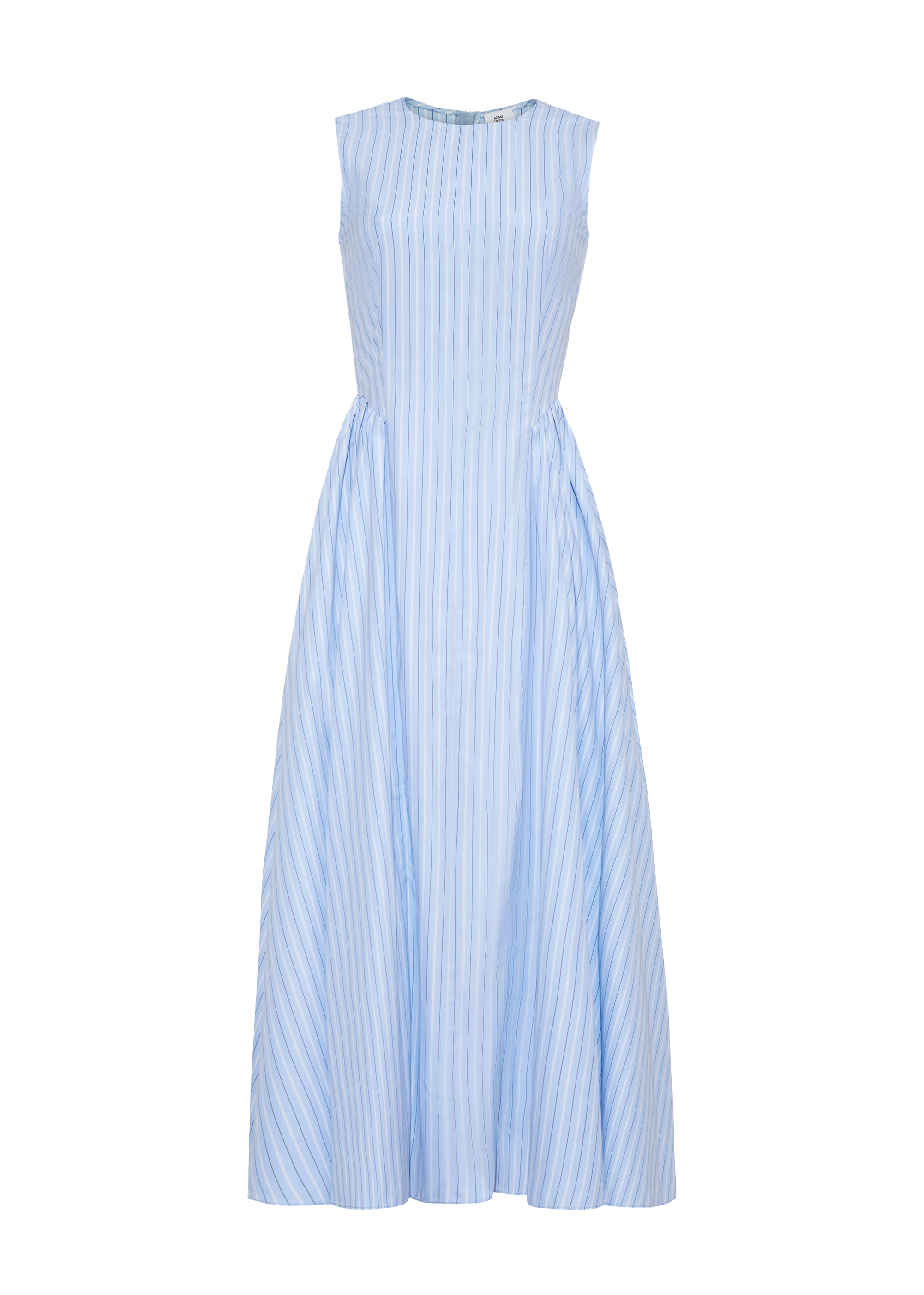 Ghost image of the aliena dress in pale blue and white stripe shirting