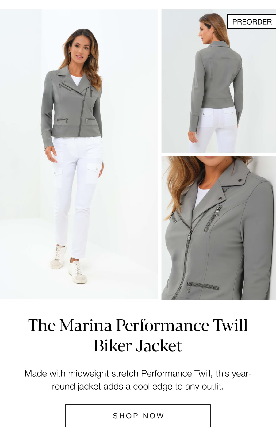 The Marina Performance Twill Biker Jacket. SHOP NOW