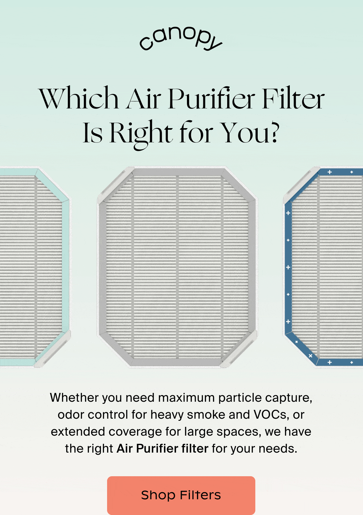 Canopy | ️Which Air Purifier Filter Is Right for You? | Whether you need maximum particle capture, odor control for heavy smoke and VOCs, or extended coverage for large spaces, we have the right Air Purifier filter for your needs. | Shop Filters