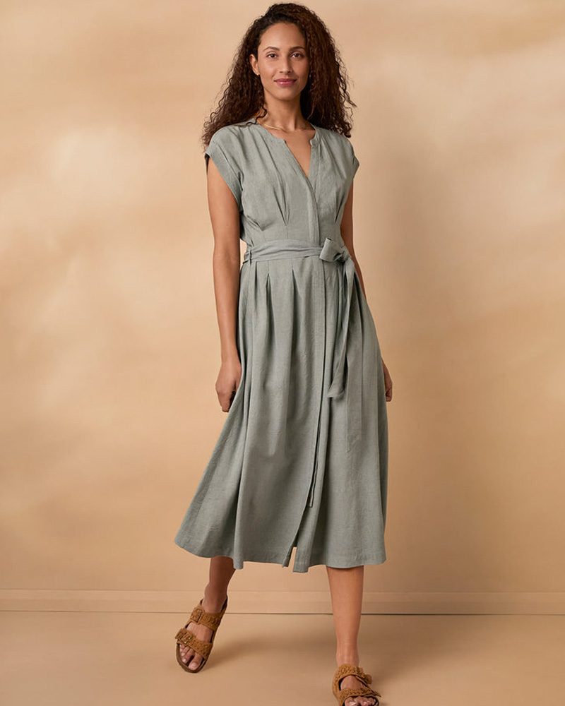Linen Blend Pleat Waist Midi Dress