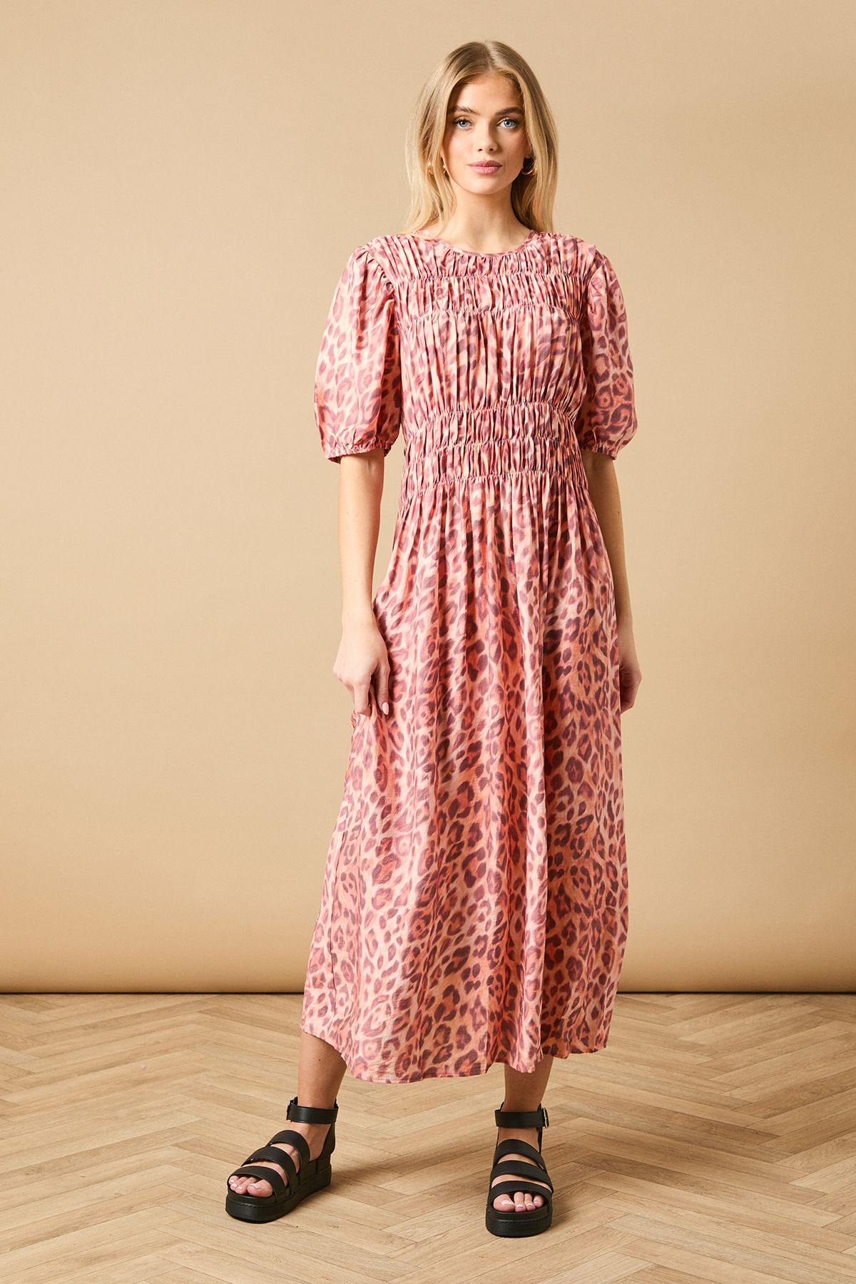 Printed Shirred Bodice Puff Sleeve Midi Dress