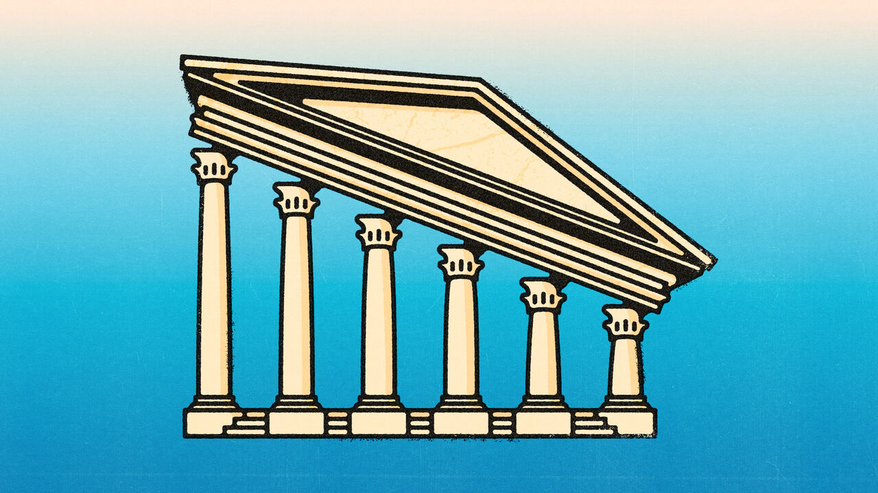 Illustration of a bank building with the columns getting shorter from left to right