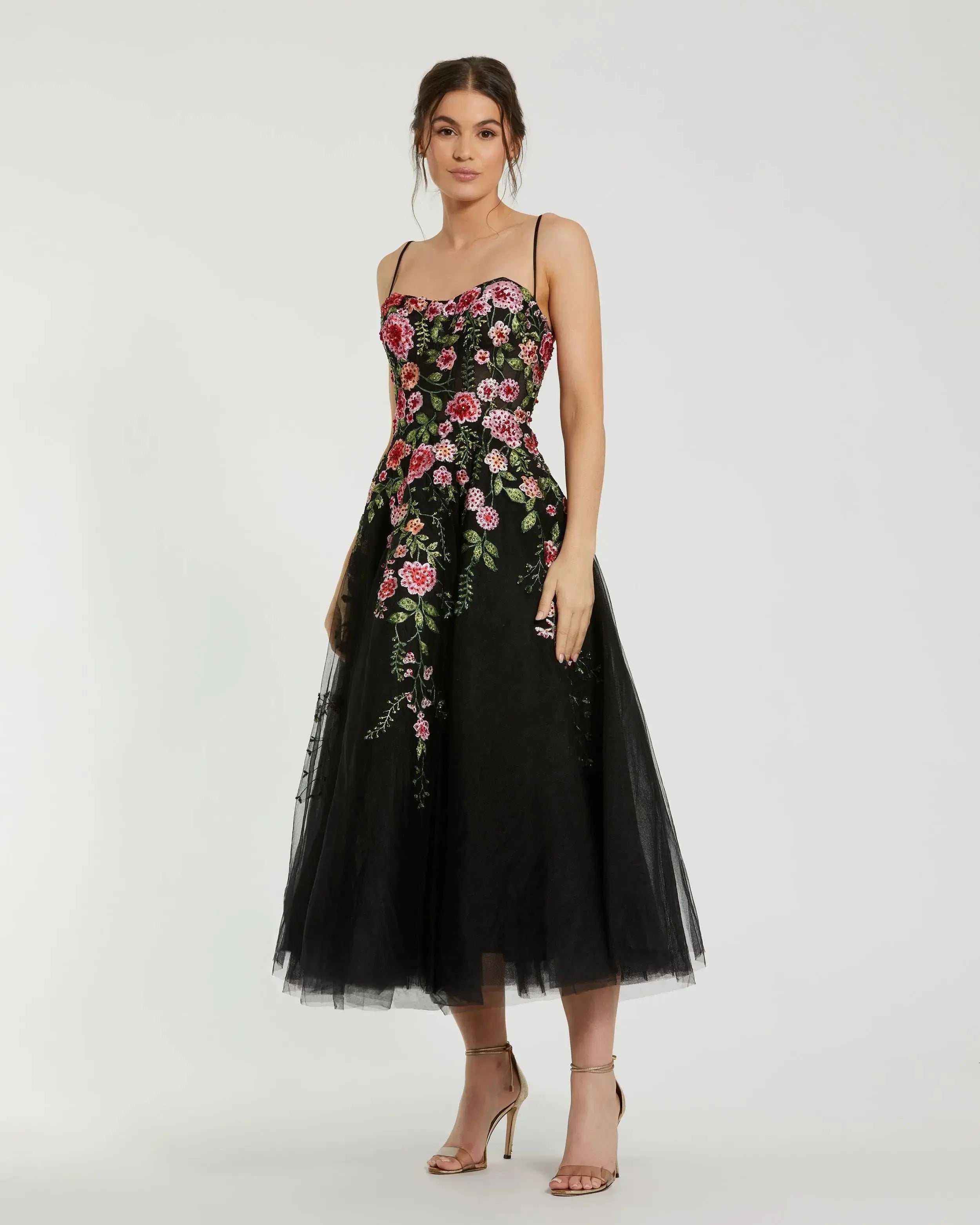 Image of Black Multicolor Bustier Embroidered Floral A-Line Dress