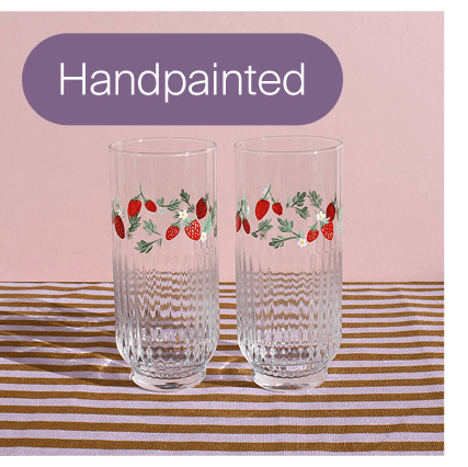 Hand Painted Strawberry Ribbed Highball Glasses Pair