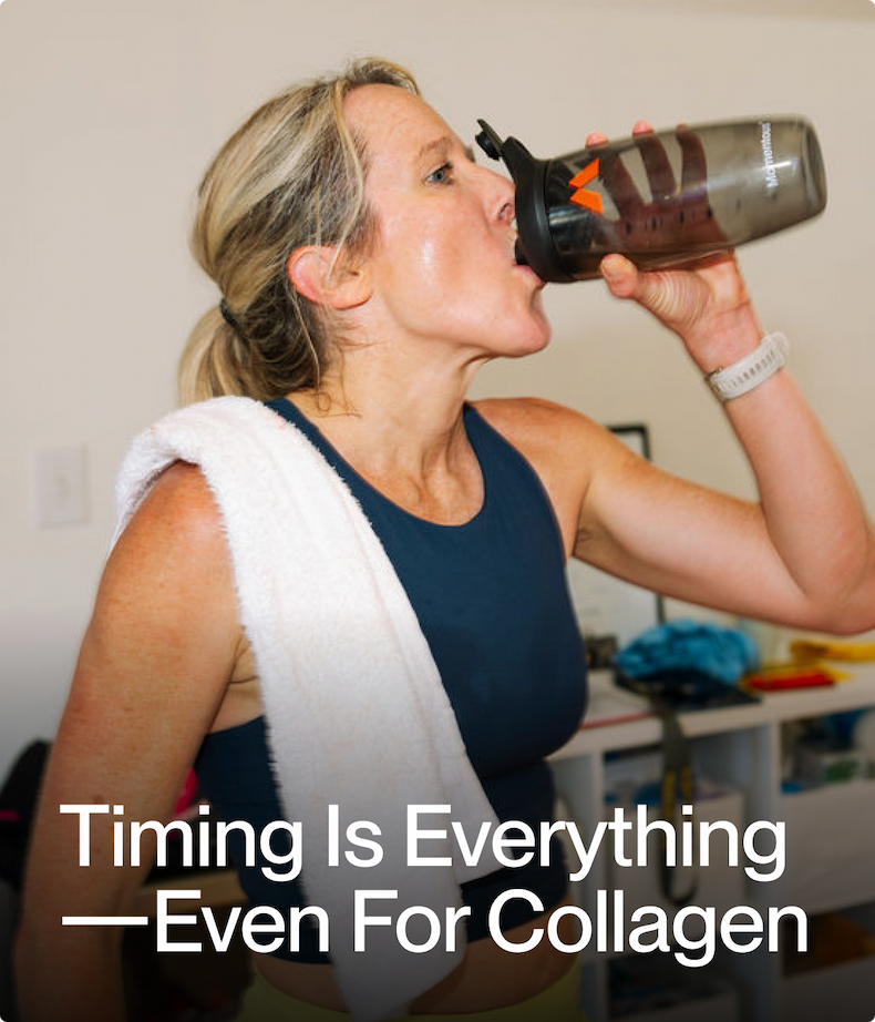 Timing is everything—even for collagen. Image of woman drinking out of a Momentous shaker bottle.
