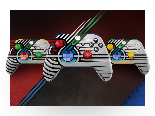 A front view of the Team Spirit Limited Edition Xbox Wireless Controller displayed in a lineup of three distinct schemes.