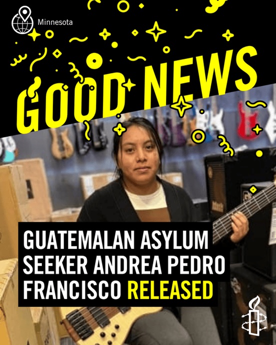 Image of Andrea smiling in an instrument shop with text that reads, 