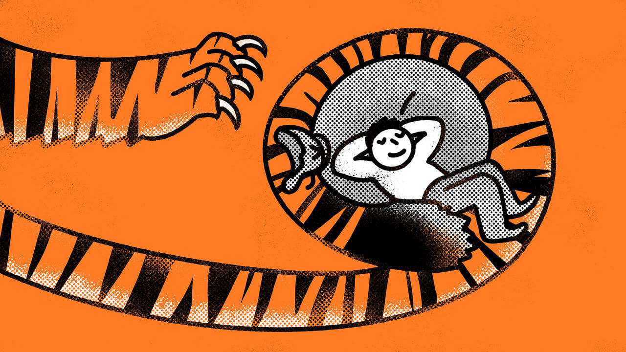 illustration of a relaxed person inside a curled tiger tail, smiling with eyes closed, while a tiger's claw approaches from the left