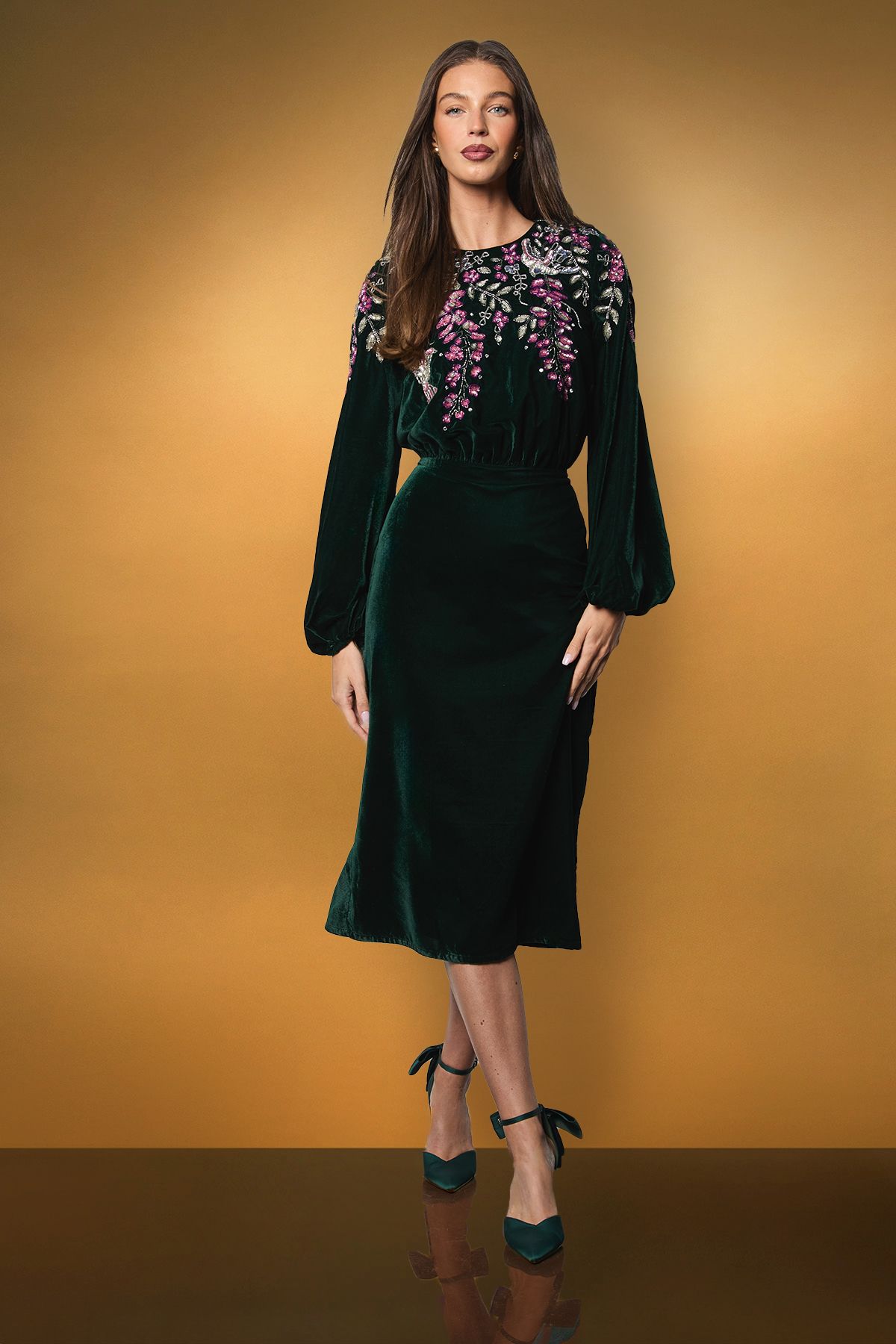 Encrusted Floral Long Sleeve Velvet Midi Dress