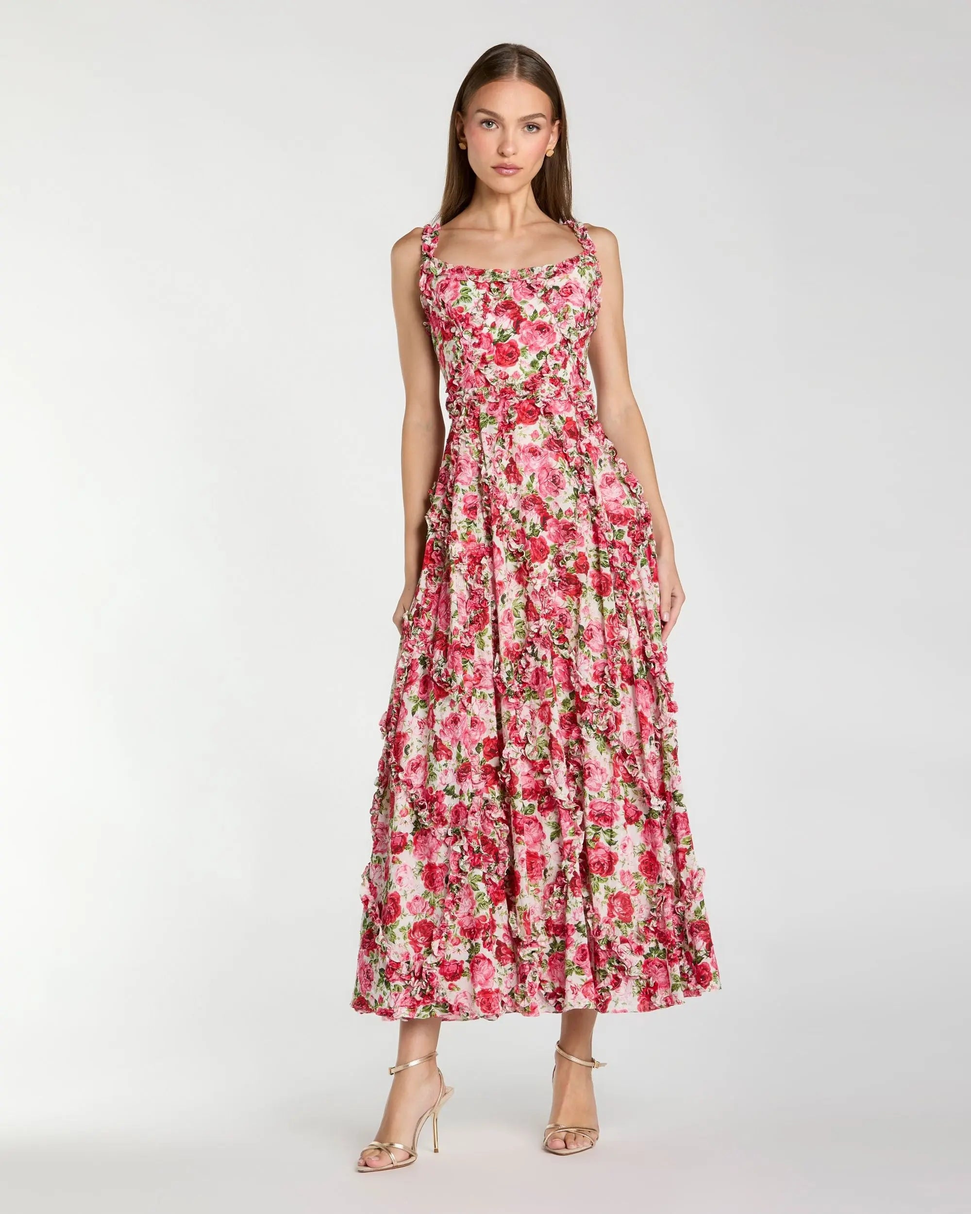 Image of Pink Ruffle Scoop Neck Floral A-Line Dress