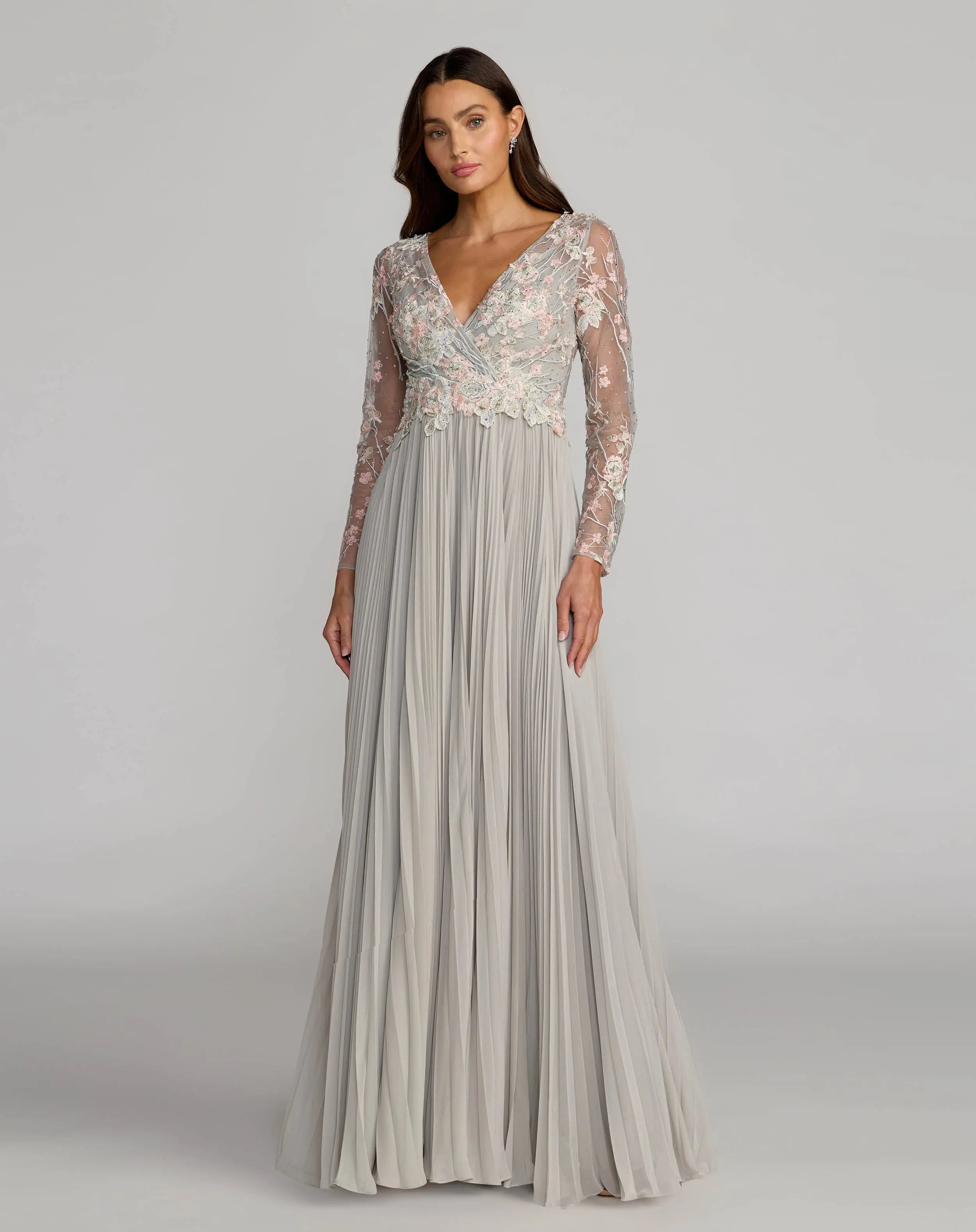 Image of Gray Long Sleeve Embroidered Chiffon A-Line Gown