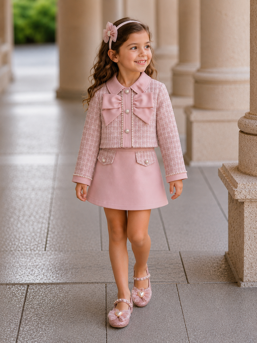 Image of Elegant Pearl Trim Pink Jacket & Skirt Set