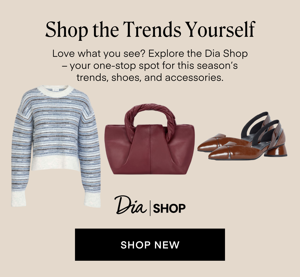 Shop the Trends Yourself Love what you see? Explore the Dia Shop - your one-stop spot for this season's trends, shoes, and accessories. Dia SHOP SHOP NEW