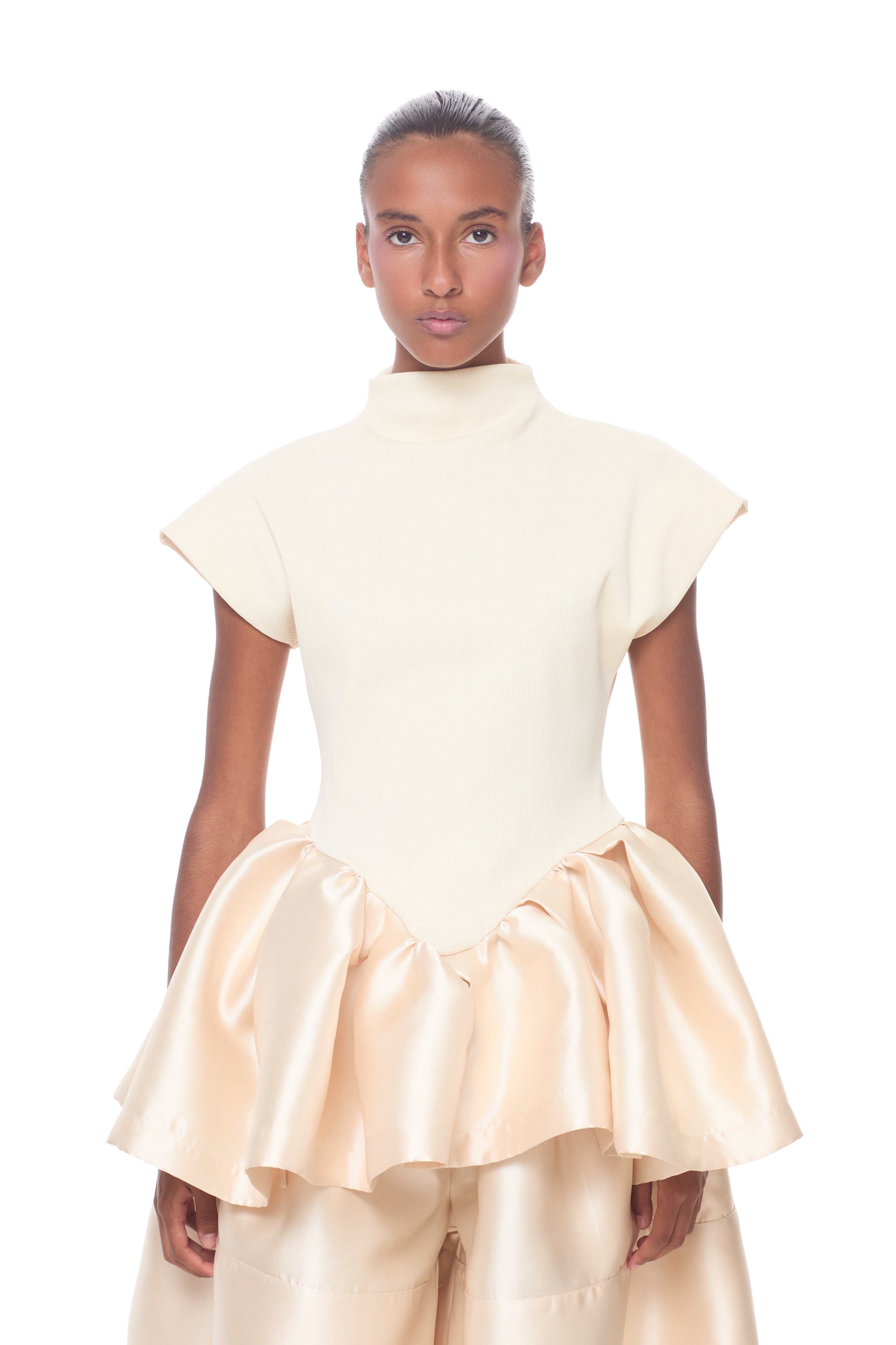 BEIGE CAP SLEEVE TOP WITH PEPLUM