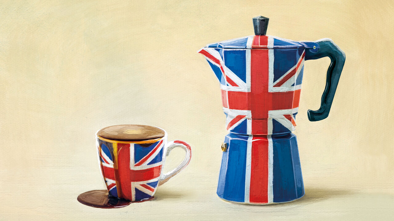 An illustration of a moka pot and an over-filled mug of coffee decorated with the Union flag.