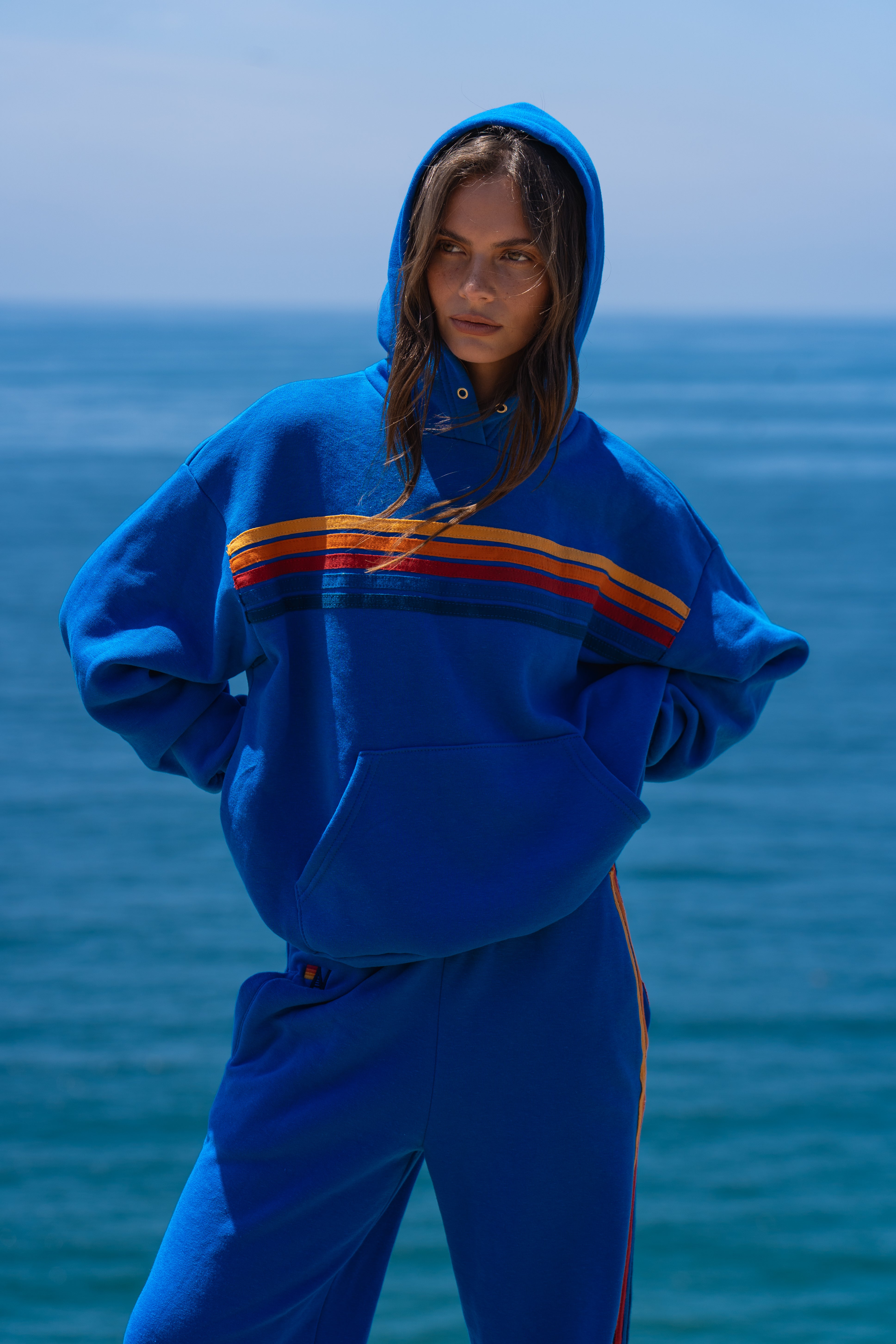 Aviator Nation 5-Stripe Relaxed Pullover Hoodie — Ocean