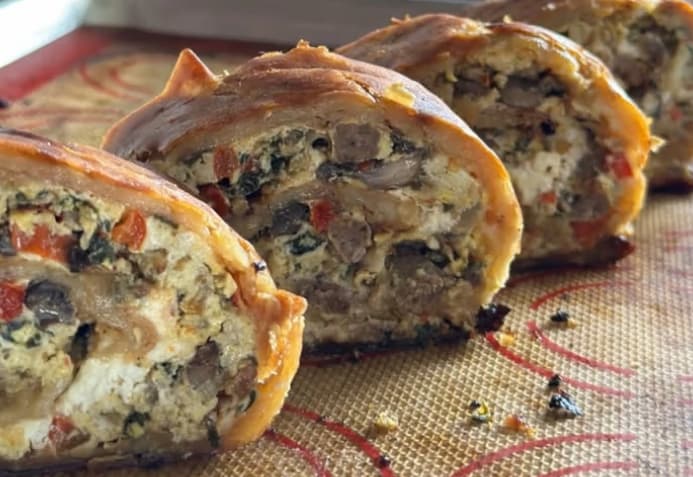 Breakfast burritos rolled up cut into sections