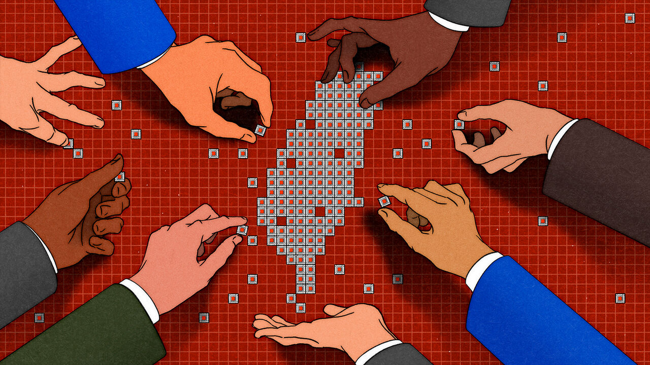An illustration shows computer chips forming the shape of Taiwan, with multiple hands reaching to take pieces, symbolizing TSMC’s global demand and its ambition to become a worldwide company.