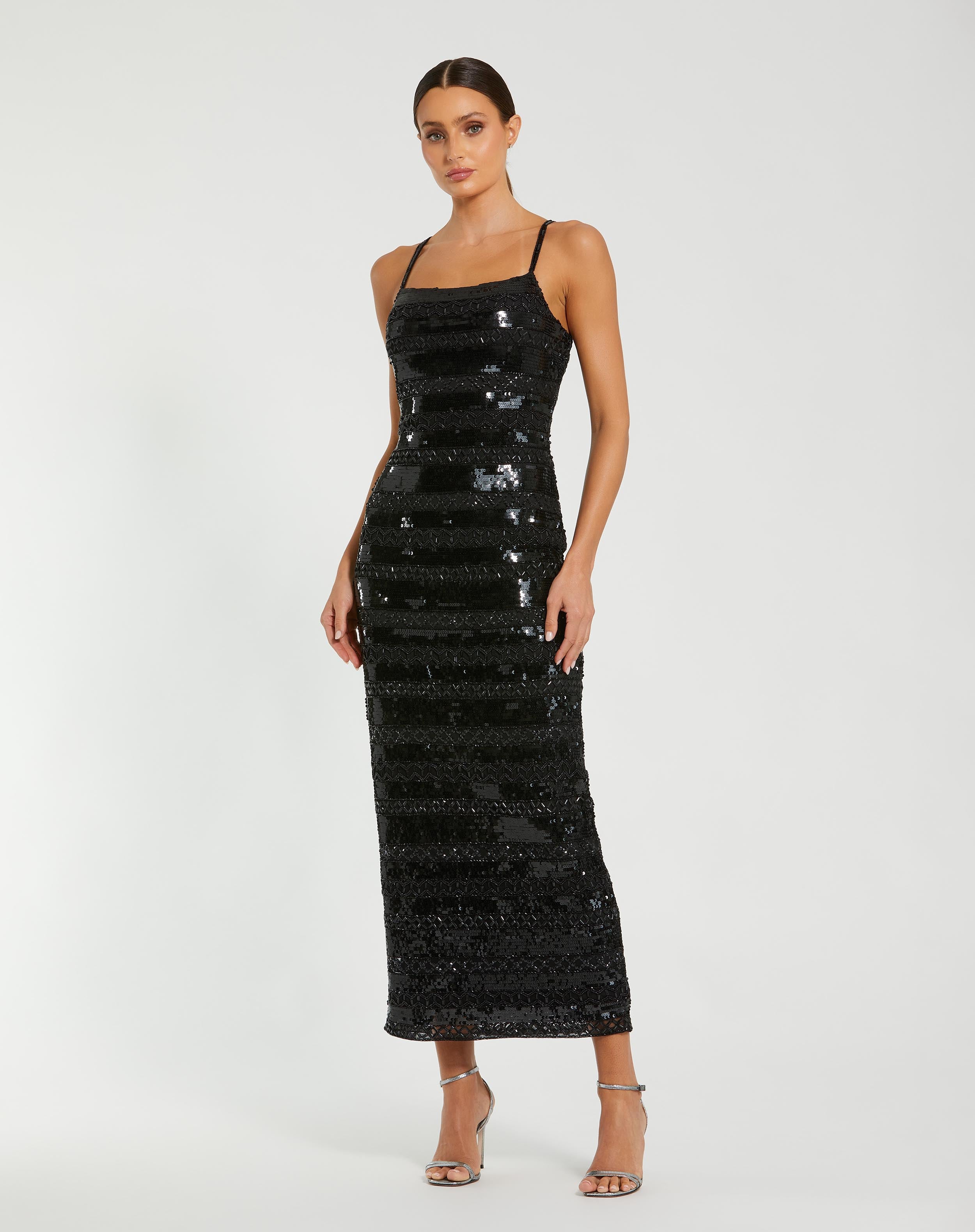 Image of Black Embellished Spaghetti Strap Midi Dress