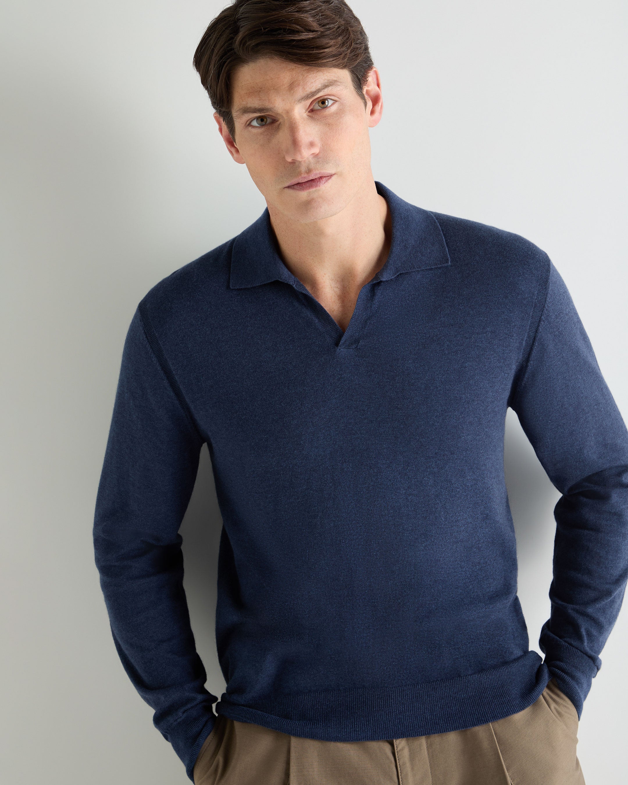 Image of Men's Padstow Cotton Cashmere Polo Shirt Dark Denim Blue