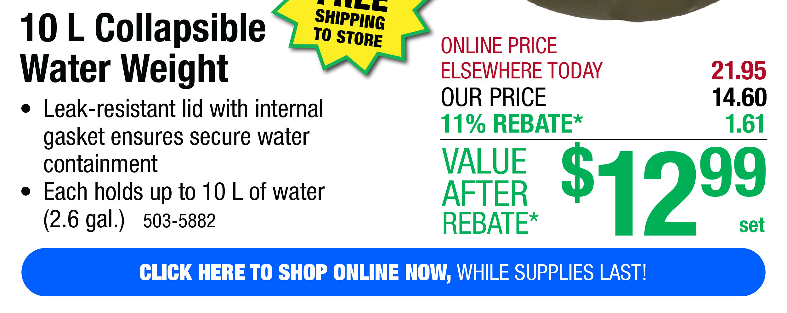10 L Collapsible Water Weight - FREE Shipping to Store!
