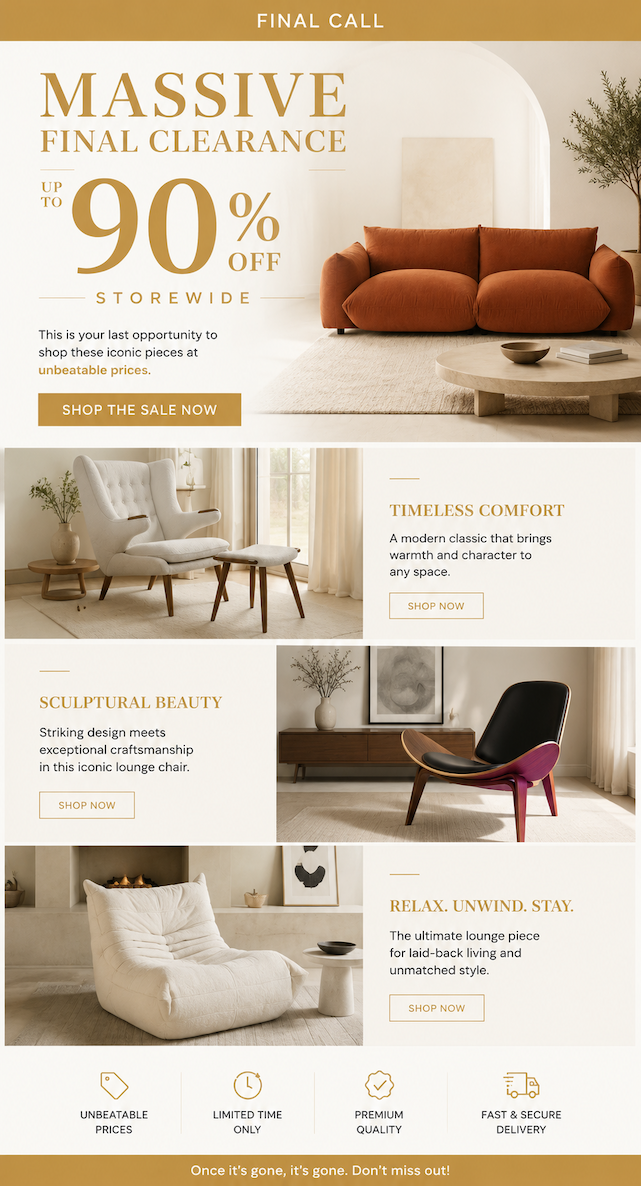 Furniture ad showcasing timeless design chairs with free shipping and fast delivery.