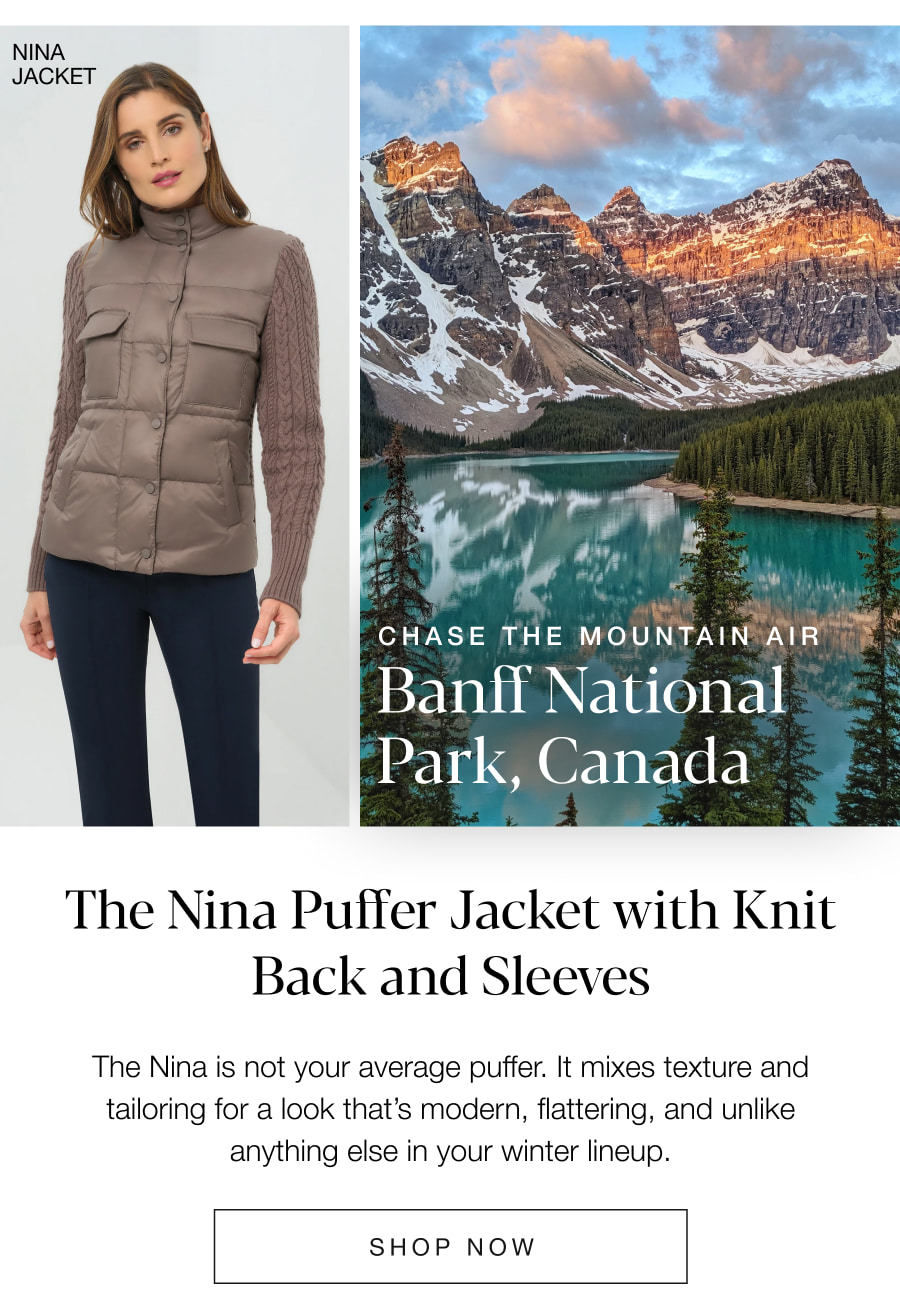 Chase the Mountain Air: Banff National Park, Canada. The Nina Puffer Jacket with Knit Back and Sleeves. SHOP NOW