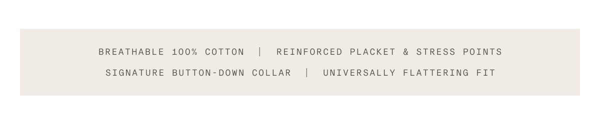 White oxford cloth button-down shirt on a plain background with text describing its breathable cotton, reinforced placket, button-down collar, and flattering fit.