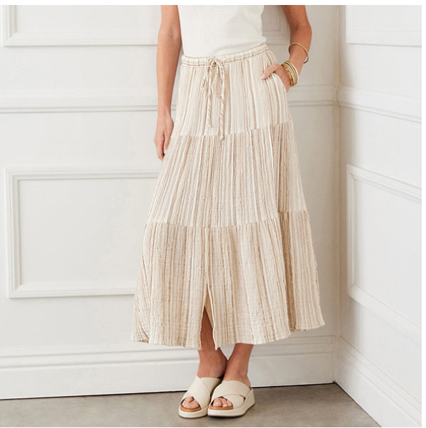Metallic Stripe Tiered Midi Skirt