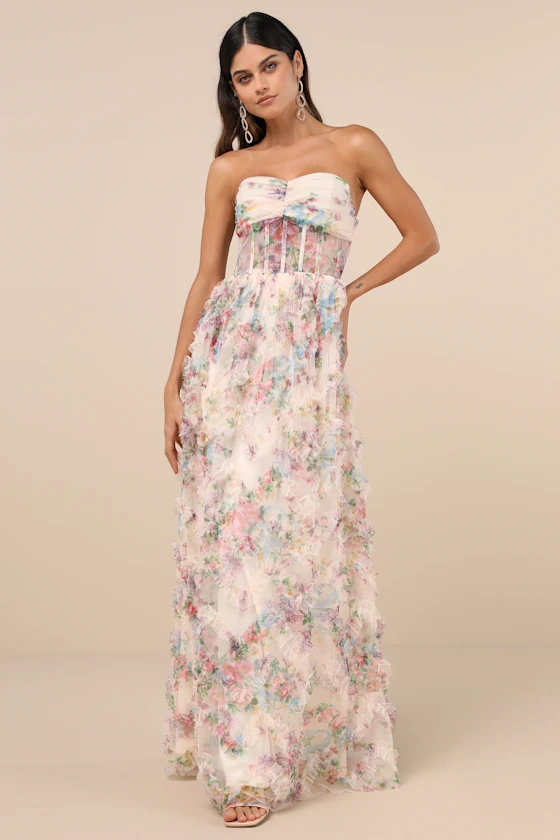 Image of Stunning Element Cream Floral Mesh Ruffled Strapless Maxi Dress