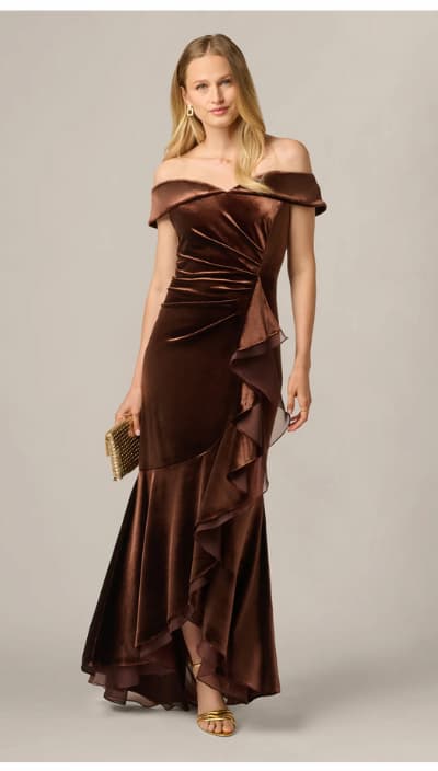 Off The Shoulder Velvet Mermaid Gown With Organza Ruffle In Dark Brown