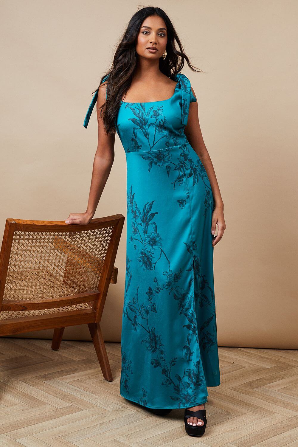 Floral Satin Tie Shoulder Maxi Dress