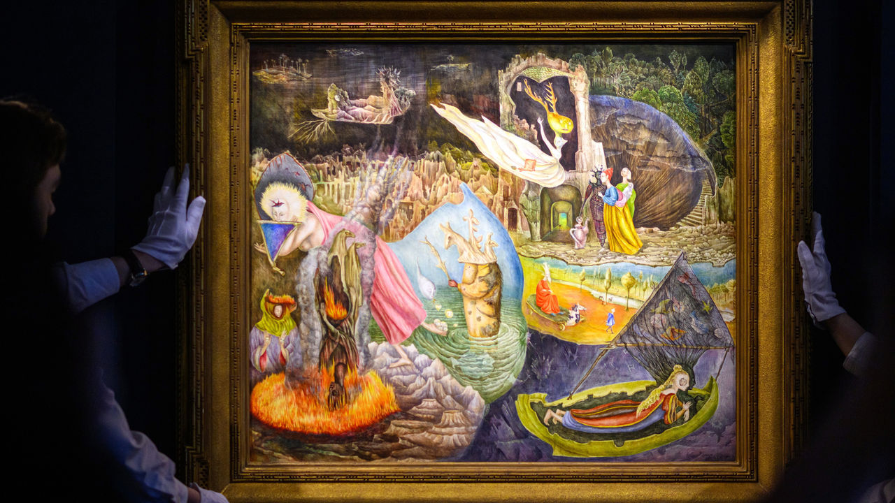 Art handlers hold Les Distractions de Dagobert by Leonora Carrington