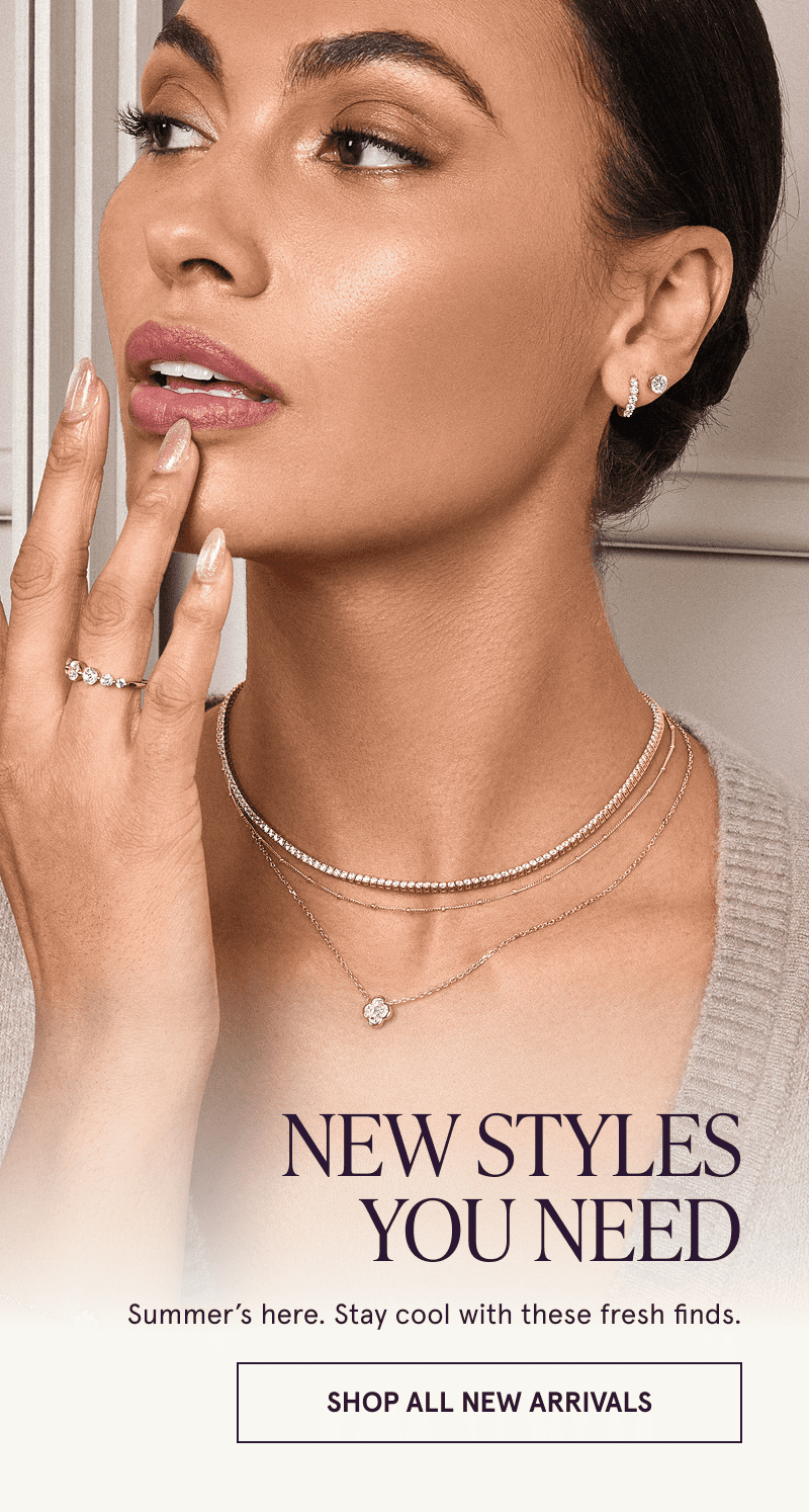 A model wearing gold diamond jewelry. New summer styles you need. Click here to shop all new arrivals