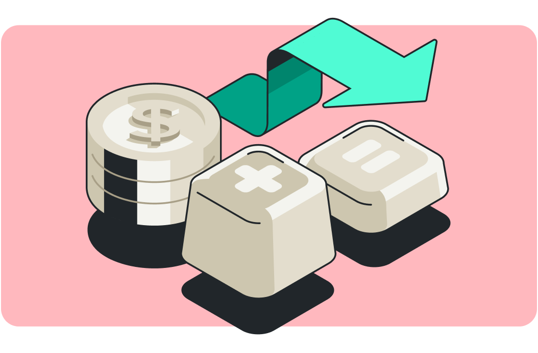 Plus sign and equals sign keyboard keys, a stack of coins, and a green ribbon arrow