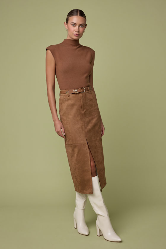 Image of Reeves Light Brown Suede Mid-Rise Midi Skirt