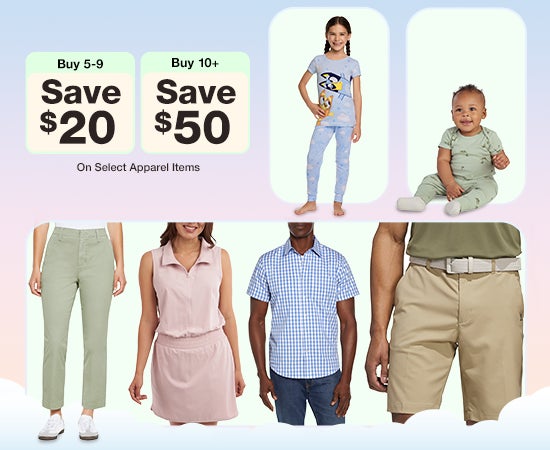 Buy 5-9 Save $20 or buy 10+ save $50 on select apparel items