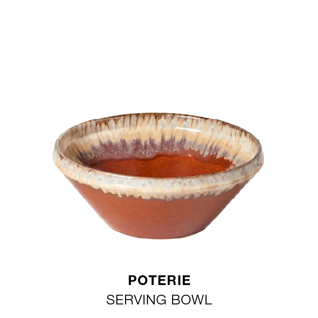 Block with the title Shop the Look and a grid of six Poterie products with photos and names: mixing bowl, serving bowl, pitcher, footed plate, cruet and spoon rest
