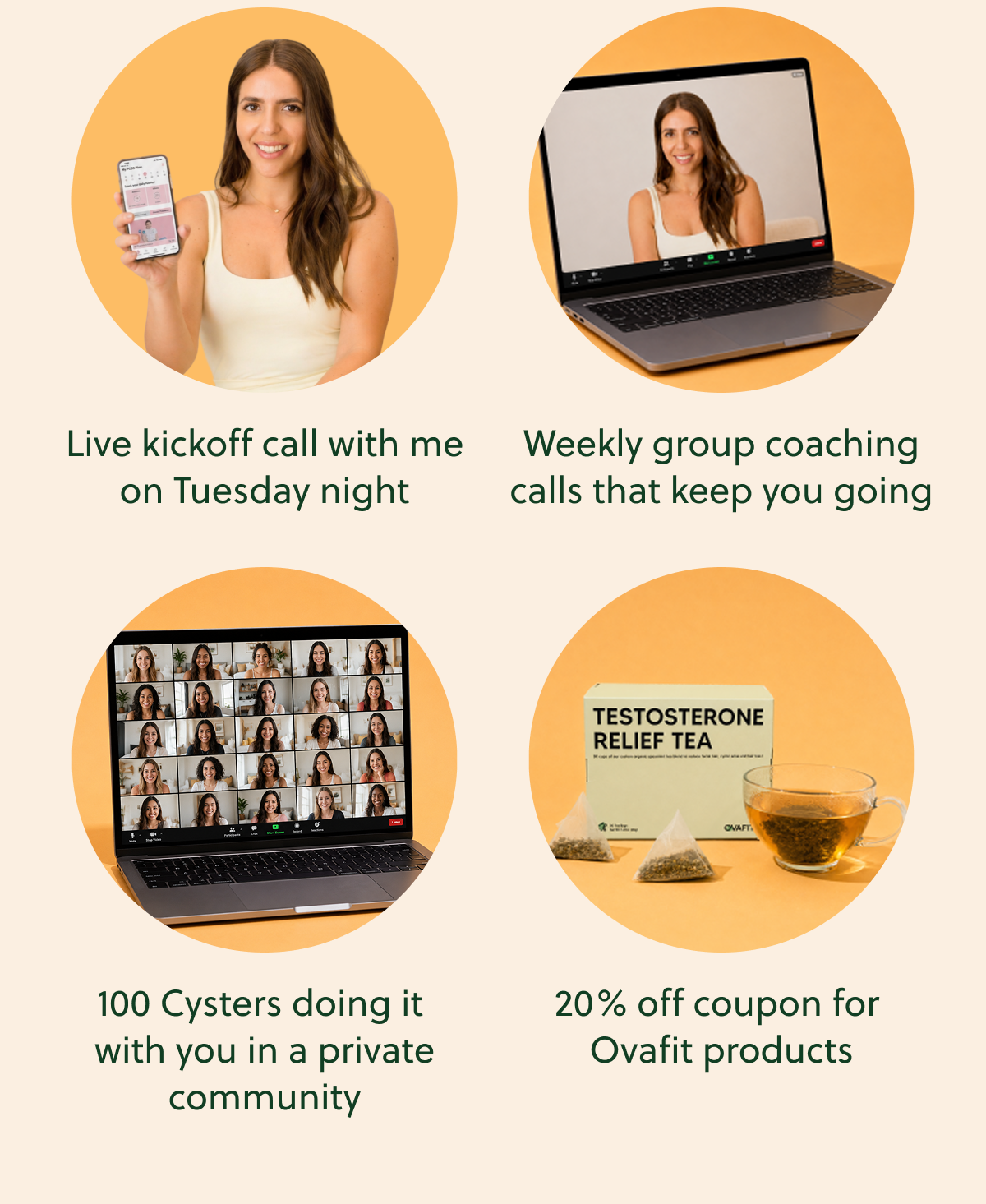 Live kickoff call with me on Tuesday night, Weekly group coaching calls that keep you going, 100 Cysters doing it with you in a private community, 20% off coupon for Ovafit products