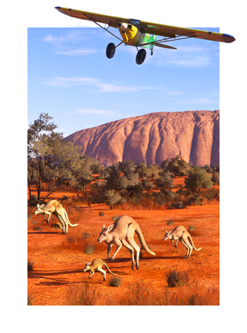 A yellow and green biplane flies over the arid plains of the Australian outback and a troop of kangaroos in art promoting Microsoft Flight Simulator World Update 21.