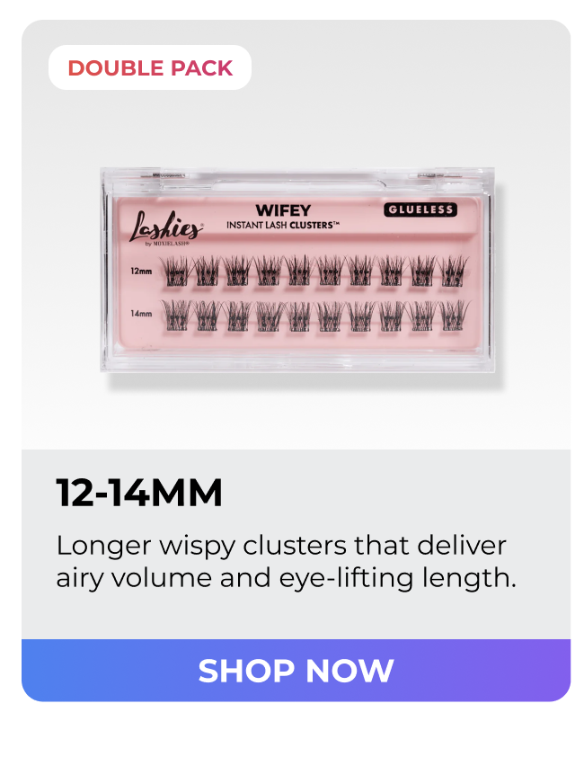 Wifey 12–14mm lash cluster double pack with airy volume and eye-lifting length.