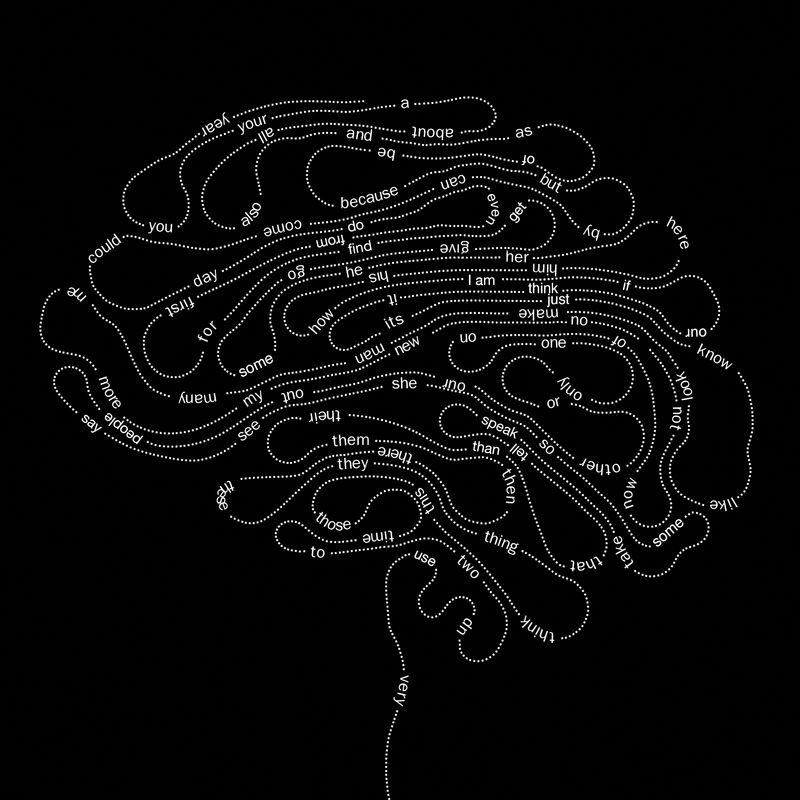 A string of words making the shape of a brain